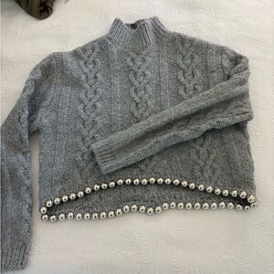 Gray Cable Knit Sweater with Silver Accents